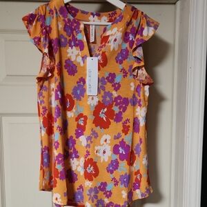 NWT Dear Scarlett Floral Blouse Size L Orange Ruffle Sleeve Stretch Top